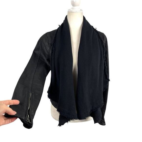 Free People Drape Front Coated Waxed Denim Moto Cropped Jacket Black Zip Cuffs 4 - Picture 5 of 14